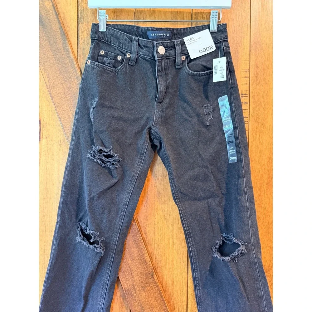 Aeropostale Low Rise‎ Baggy Distressed Jeans Size 000R Black Non Stretch Denim